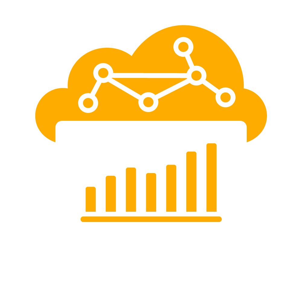 Icon in yellow and white that shows a computer with a rising graph on it. Behind the computer, there is a cloud.