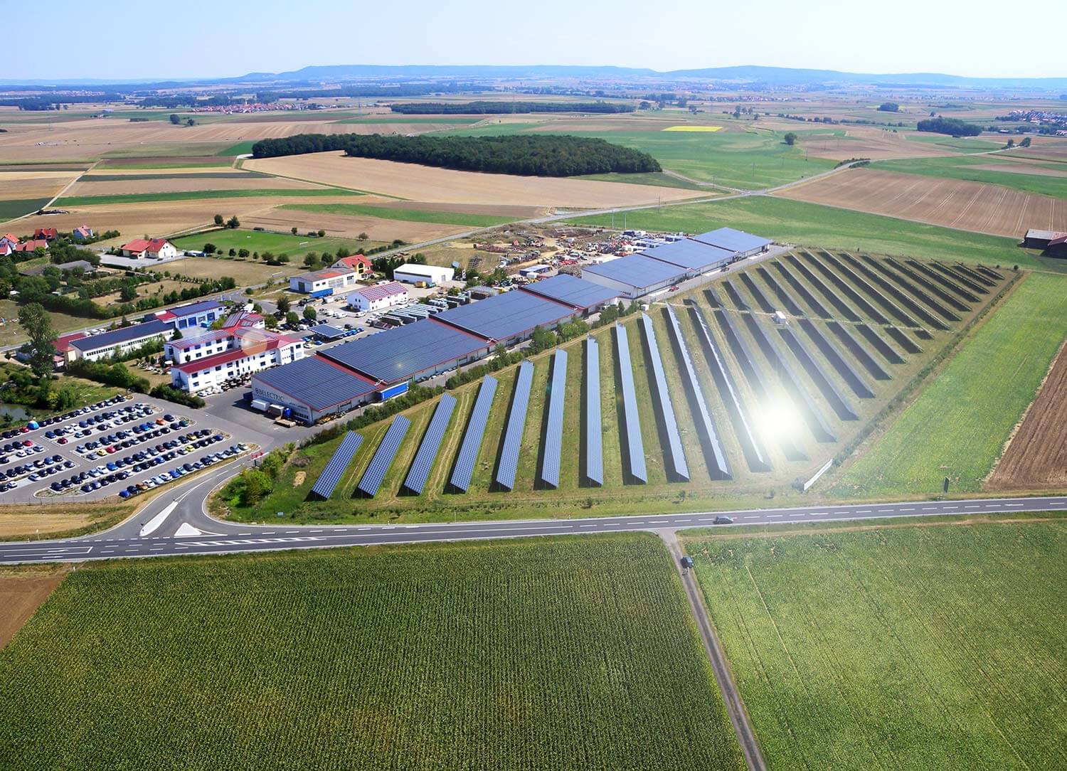 An aerial view of the headquarters of BELECTRIC, a solar energy company