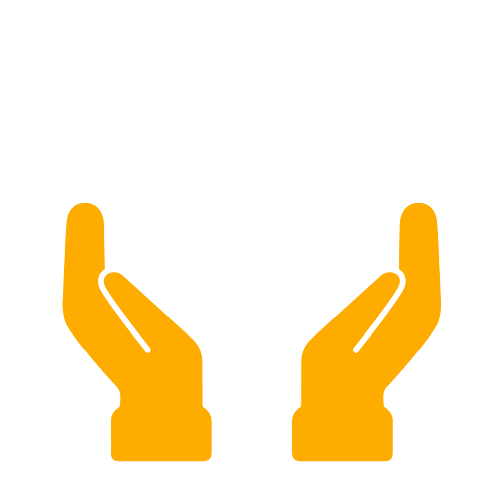 A white and yellow icon that shows two hands and a heart