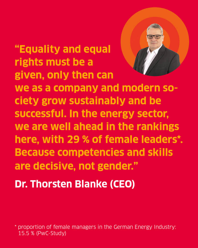 “Equality and equal rights must be a 
given, only then can we as a company and modern society grow sustainably and be successful. In the energy sector, we are well ahead in the rankings here, with 29 % of female leaders*. 
Because competencies and skills are decisive, not gender.”

Dr. Thorsten Blanke (CEO)

* proportion of female managers in the German Energy Industry: 15.5 % (PwC-Study)