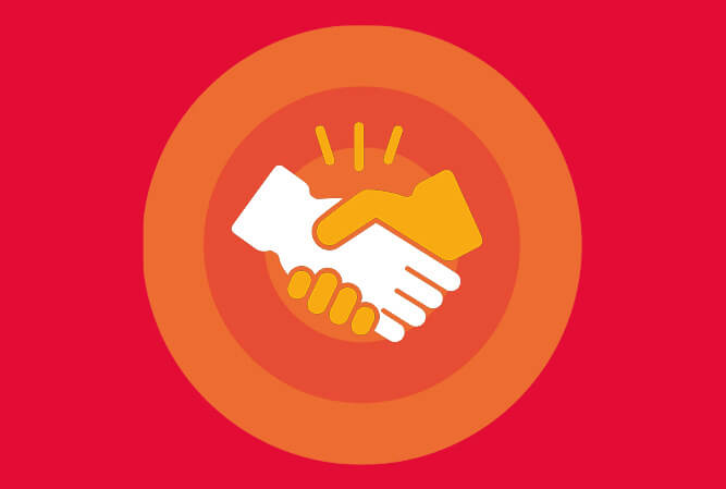 graphic with the background in the colour red, a yellow circle and an Icon that shows a handshake