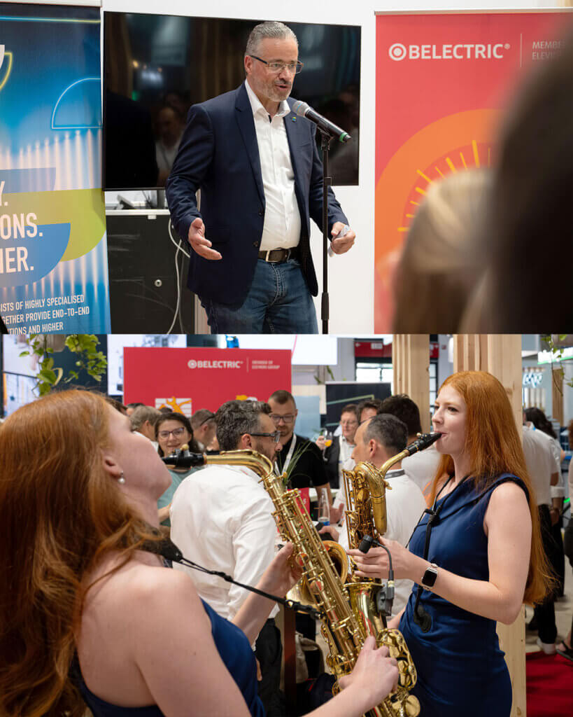 Karel Kral, Chief Green Solutions Officer der Elevion Group, steht hinter einem Mikrofon und hält eine Rede. Ein zweites Bild zeigt zwei Frauen beim Saxophonspielen.