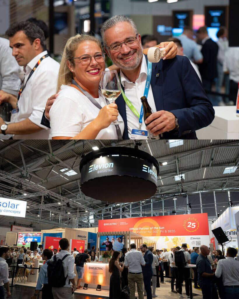 Zwei Mitarbeitende von BELECTRIC und der Elevion Group lächeln in die Kamera. Ein zweites Foto zeigt den gut besuchten BELECTRIC-Stand auf der Intersolar.