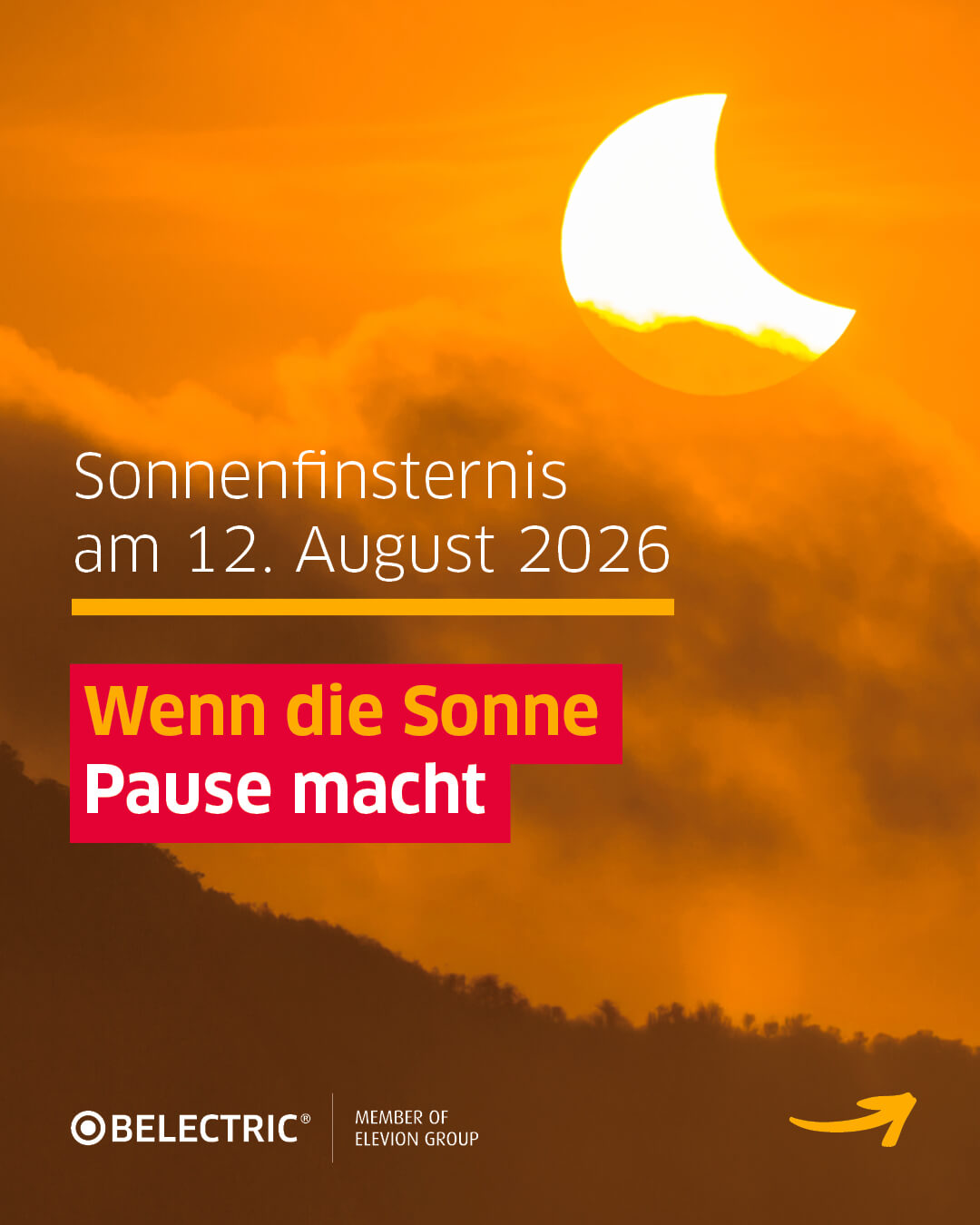 Eine teilweise von Wolken und dem dem Mond verdeckte Sonne über einem Wald. Dazu die Beschriftung "Wenn die Sonne Pause macht"